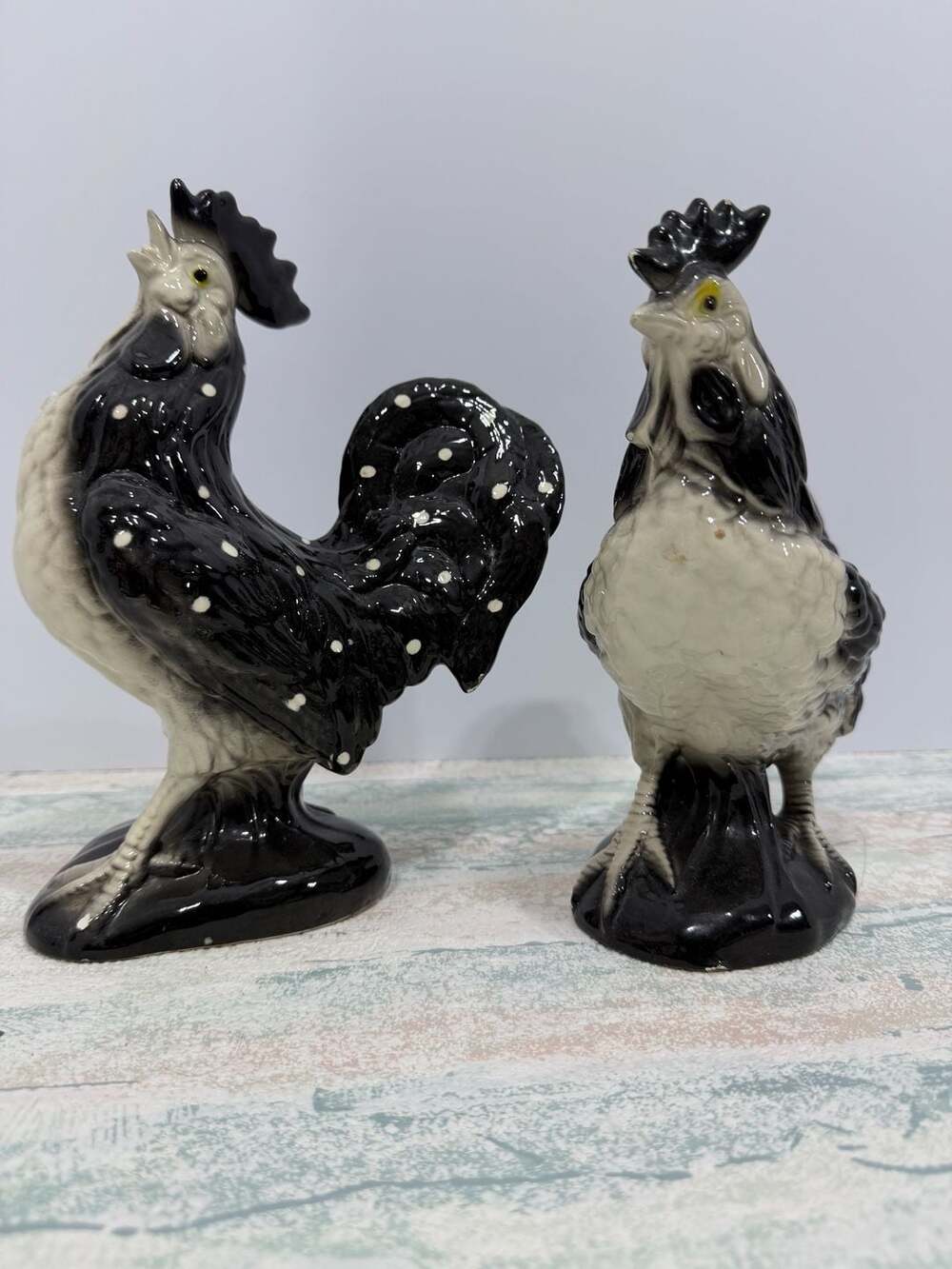 Vintage Ceramic Rooster And Hen Statues Set Black White Polka Dot Figures